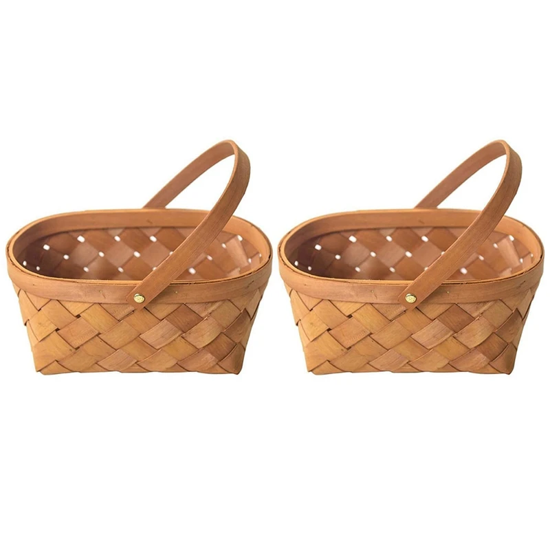 

2X Handmade Rattan Storage Container Storage Basket Wooden Storage Basket With Handle Storage Container