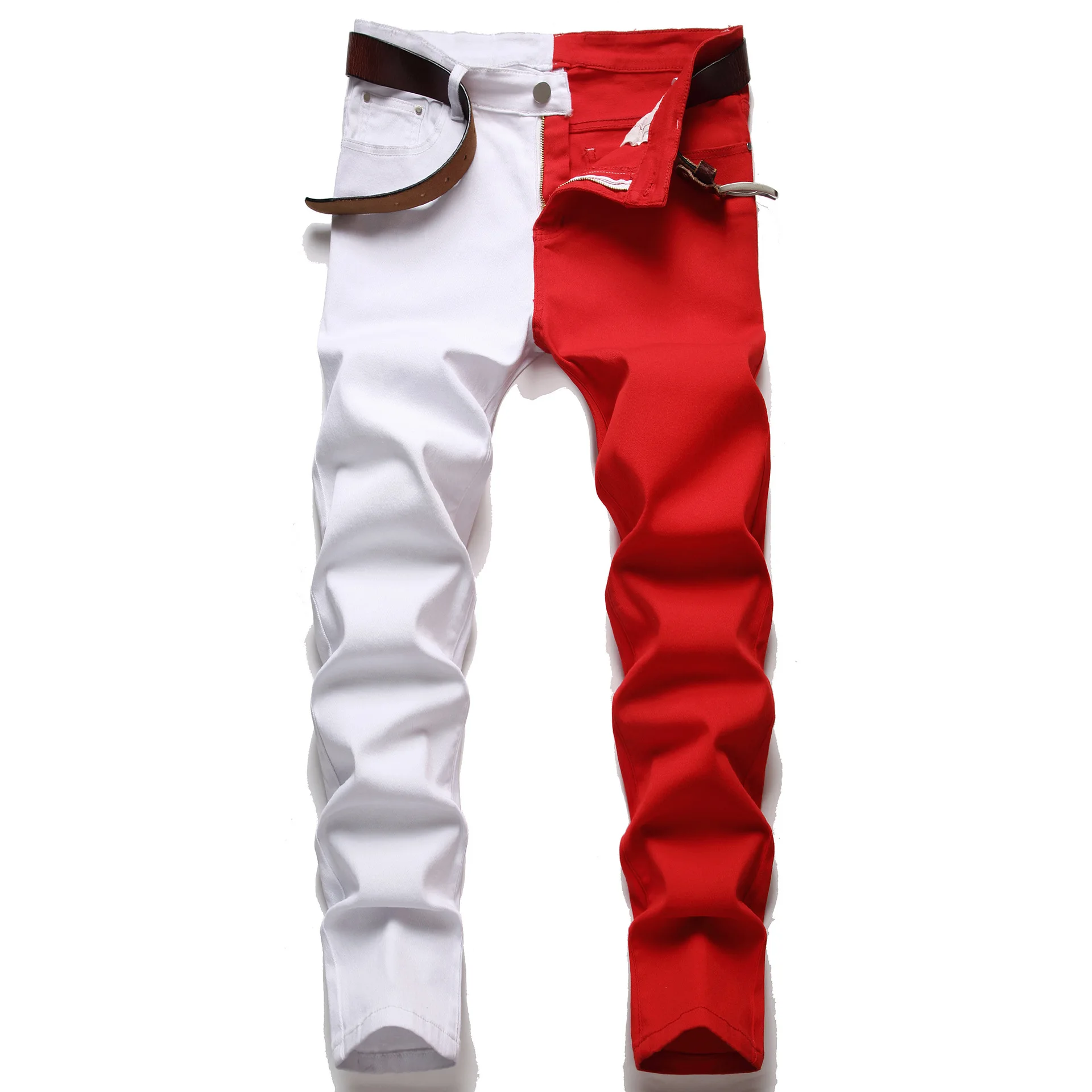Men's Jeans Slim Fit Small Feet Splice Bi-color Streetwear Men's Fashion Trend Multicolor Denim Jeans Full Length Pencil Pants