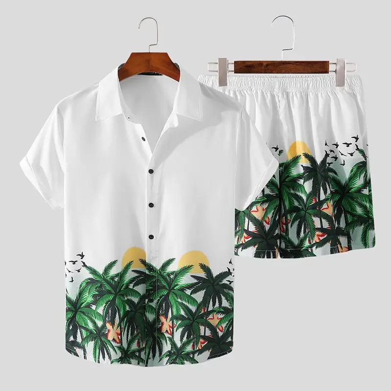 Printed Men Sets Streetwear Short Sleeve Lapel Casual Shirt Beach Shorts Summer Vacation Men Hawaiian Suits 2 Pieces 5XL