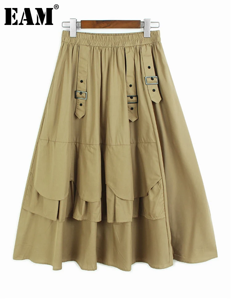 

[EAM] высокая эластичная резинка на талии, цвета хаки, лента с пряжкой, длинная юбка трапециевидной формы, женская мода, новинка, весна-осень 2023, 1DF7672
