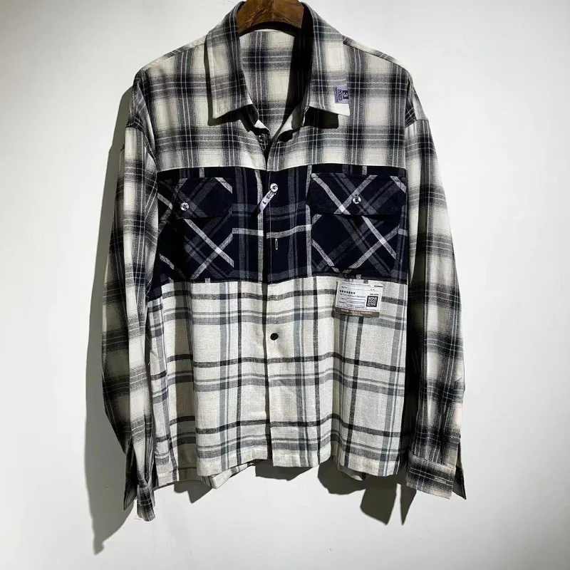 

2022ss High Street Mmy Plaid Patchwork Oversized T-Shirt for Men Casual Embroidery Shirts Streetwear Clothing and Women Clothes