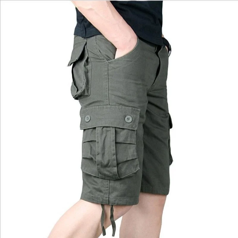 

Summer Men's Casual Cotton Cargo Shorts Overalls Long Length Multi Pocket Hot breeches Military Capri Pants Male Cropped Pants