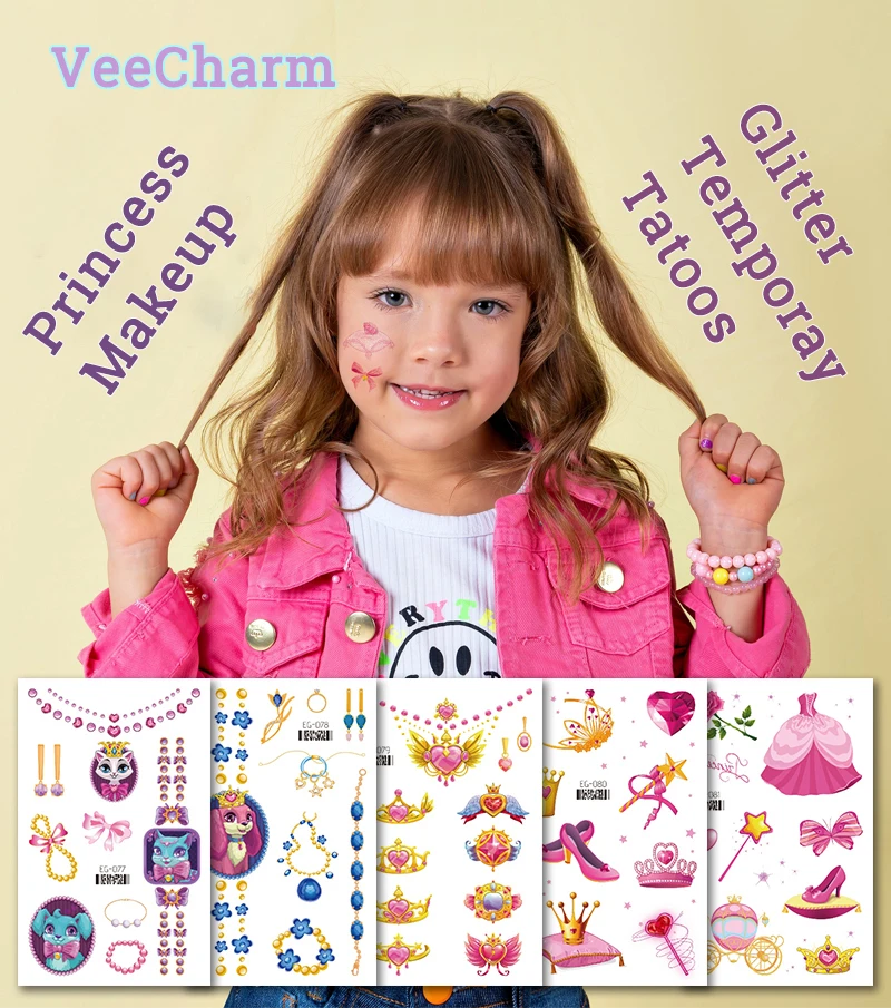 VeeCharm-блестящие Временные татуировки принцессы для девочек замок-бабочка детские