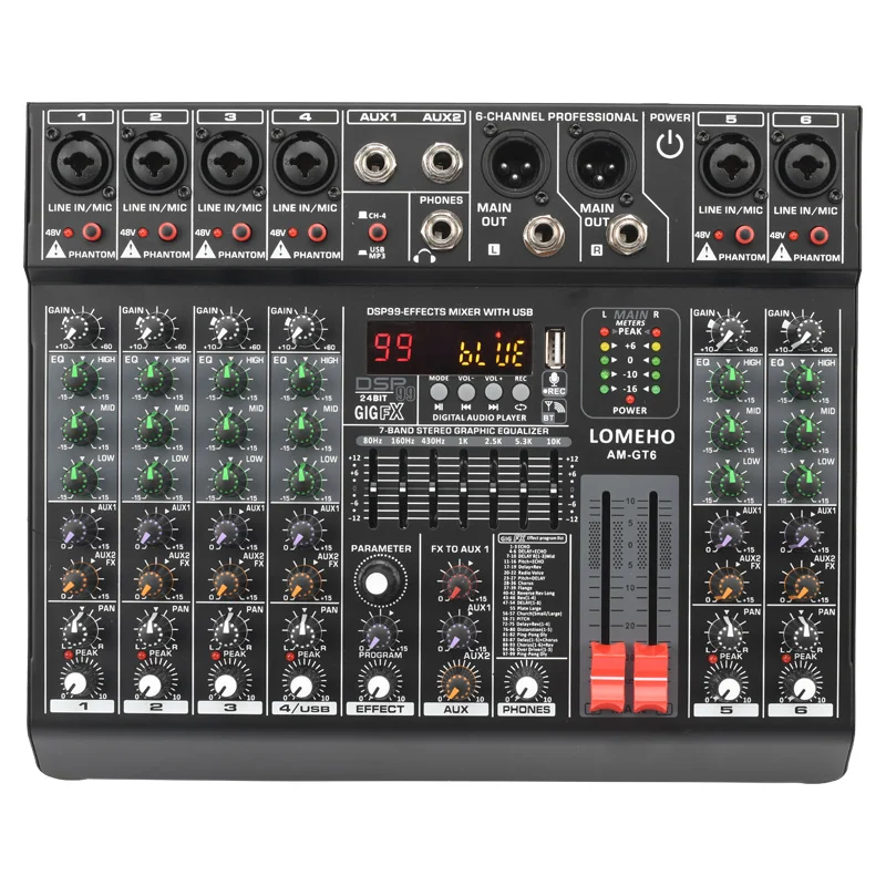 

99 Effect 7-band EQ Mixer 6 Mono Personal 48V Mixing Console USB Playback Recording Bluetooth