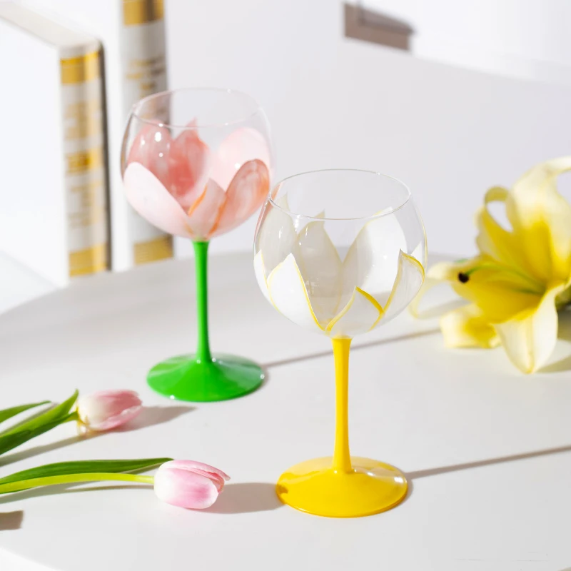 

JINYOUJIA Hand Painted Tulip Wine Glasses Lead-free Crystal White Wine Glass Goblet Hotel Wedding Party Drinkware Couple Cup
