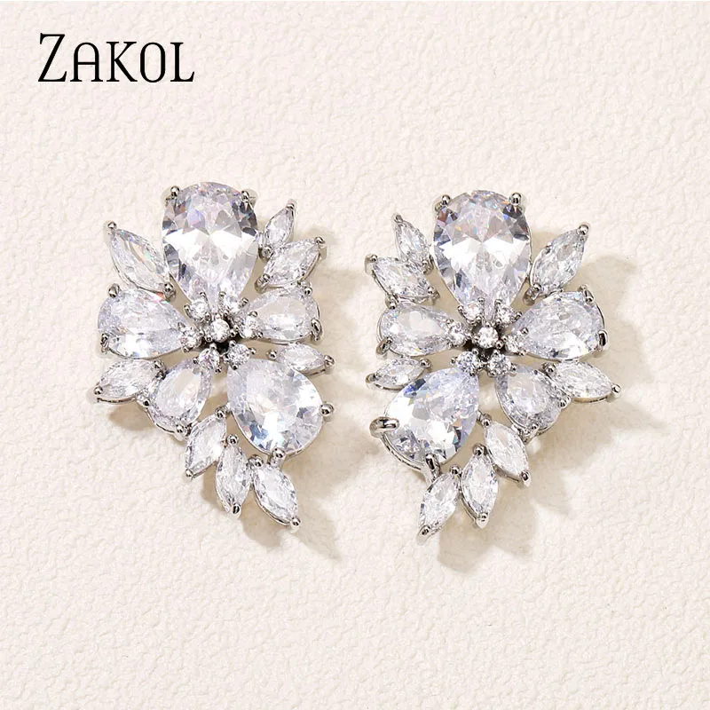 

ZAKOL Роскошные Серебристые сережки-гвоздики с цирконием и цветком, очаровательные свадебные вечерние сережки с каплями воды и фианитами EP1182