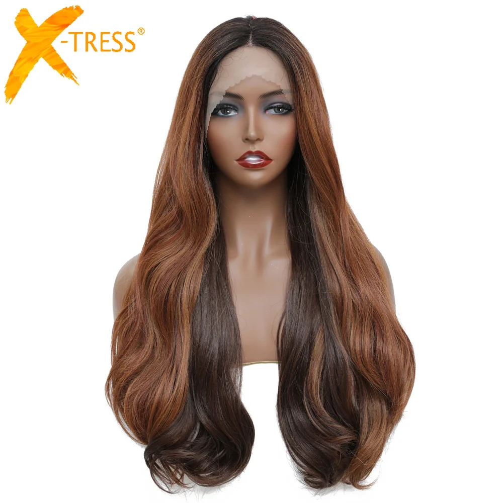 

Body Wavy Ombre Brown Synthetic Lace Front Middle Part Hair Wigs For Black Women X-TRESS Long Natural Hairstyle For Black Women
