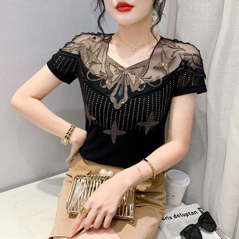 

Женская футболка с коротким рукавом, Блестящая футболка составного кроя с V-образным вырезом, модель 2023 в европейском стиле на лето, 35037