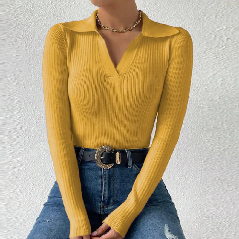 Женский трикотажный свитер с V-образным вырезом и длинным рукавом