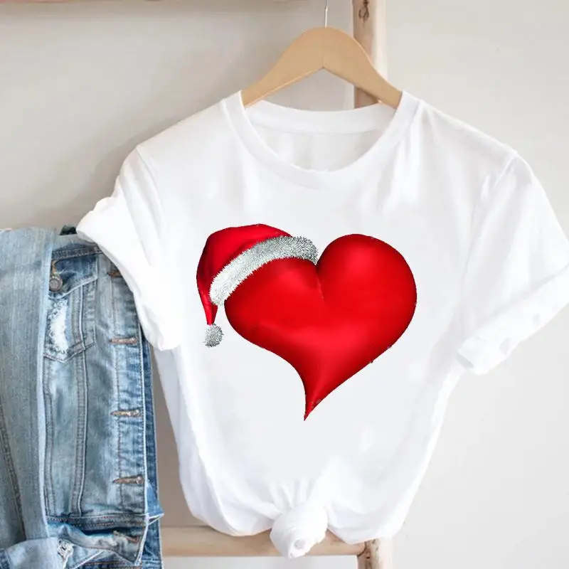 

Милые женские милые рождественские футболки с надписью "Merry Christmas", "Сердечки", "с новым годом", мультяшная футболка, праздничный топ с принтом,...