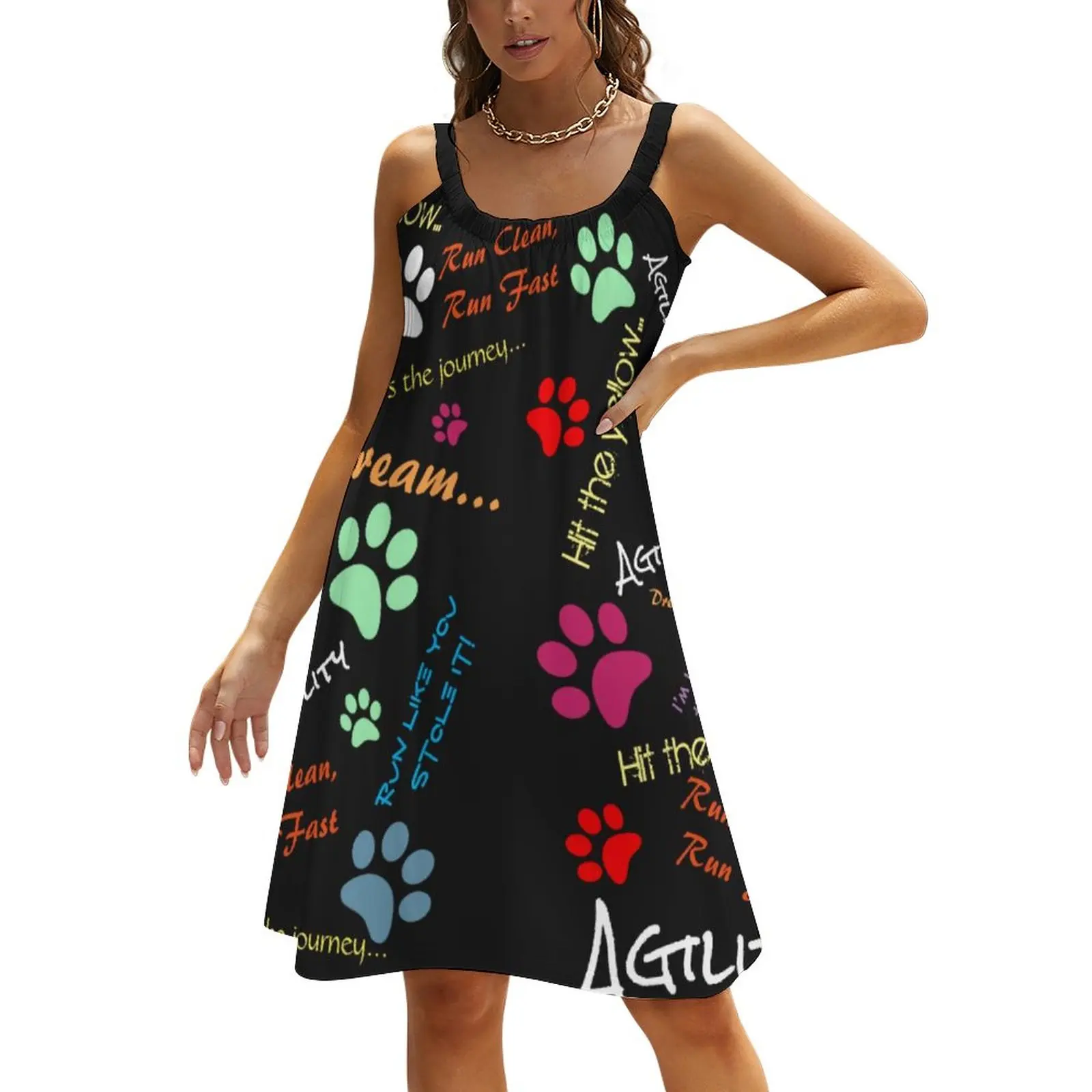 

Women Dresses Dog Run Fast Dress Multi Colored Paw Prints Kawaii Sleeveless Street Wear Sundress Summer Graphic Vestido