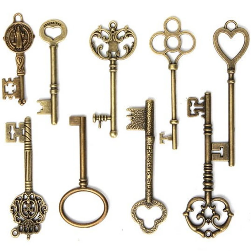 

New 9pcs/Set Vintage Antique Old Brass Skeleton Keys Lot Cabinet Barrel Lock