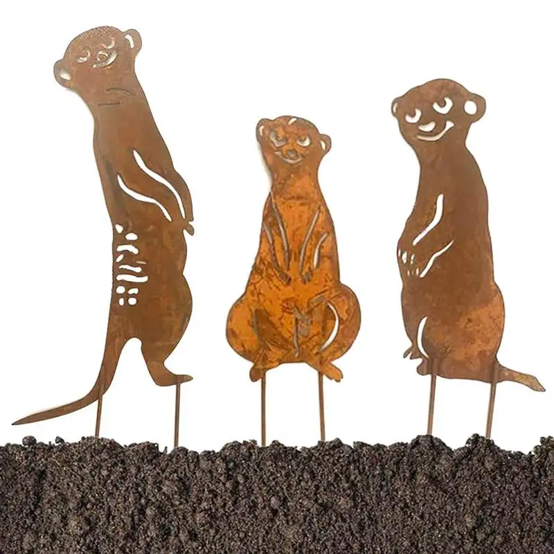 

Meerkat Family Yard Decor Garden Outdoor Metal Ornaments Set Of 3 Rusty Iron Art Garden Ornaments Inserted For Patio Backyard