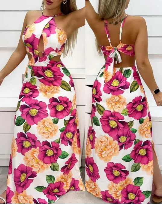 

Women's Dress, Sexy, Hollow Out, Open Back, Split, Floral Print on the Hem, Long Dress, Hot Summer in 2022
