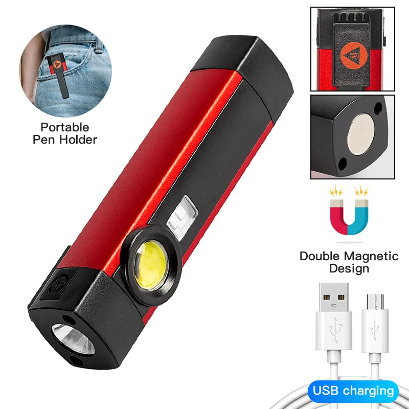 

Rechargeable Portable Pen Holder Flashlight XPE+COB+ Violet Dual Strong Magnetic Adsorption Working Light Camping Torch Light