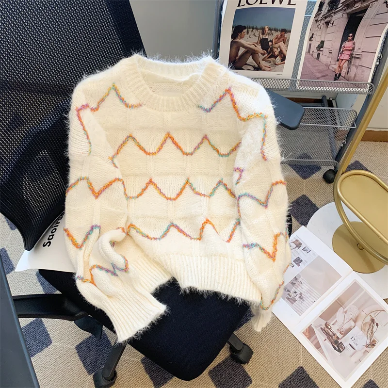 

Korean Fashion Striped Sweater Women's 2023 Autumn New Round Neck Soft Glutinous Loose Knitted Top