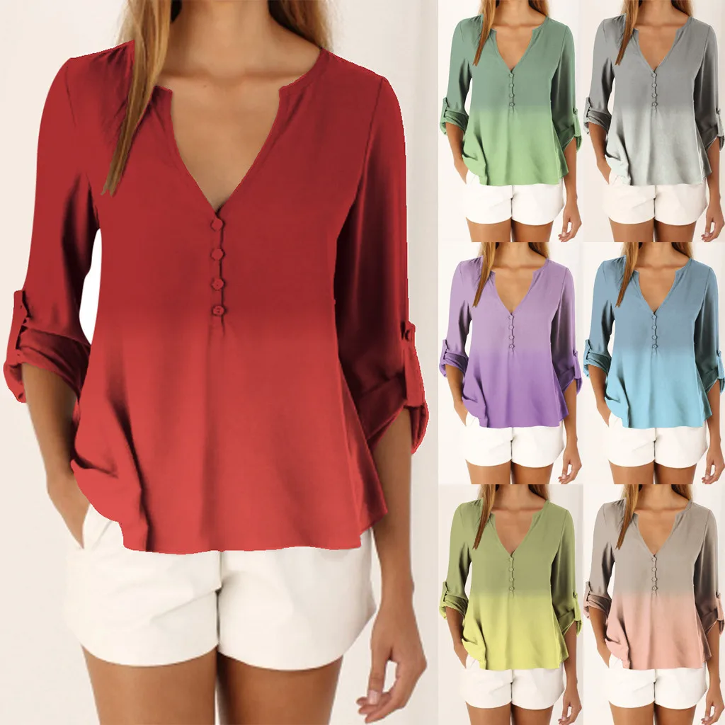 

Women's Tie-Dye Gradient Chiffon V Neck Long Sleeve Shirt Tops Lose Fitting T Shirt Womens Warm Long Sleeve Shirts