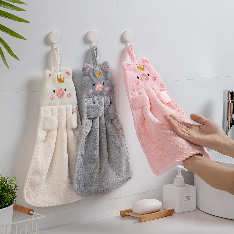 

1PCS Cartoon Pig Handkerchief Kitchen Supplies Embroidery Soft Hand Towel for Household Korean Style Wall Mounted