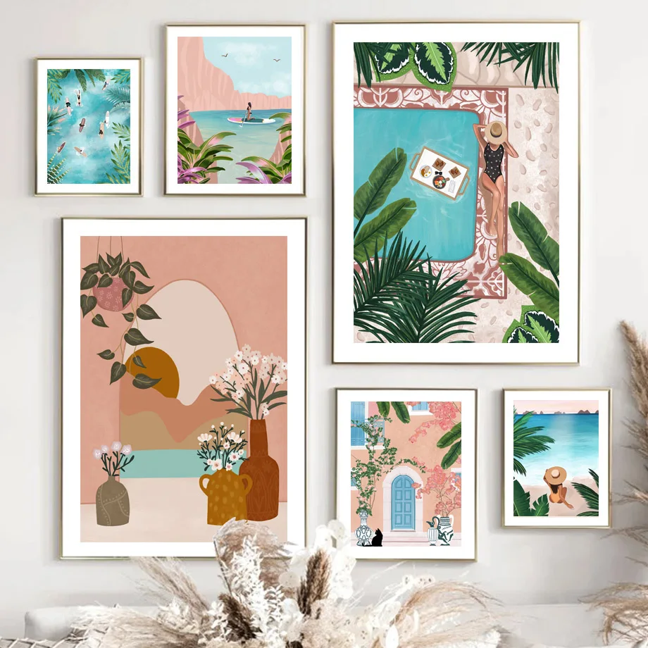 

Morocco Woman Beach Palm Leaf Vase Boho Wall Art Canvas Painting Nordic Posters And Prints Wall Pictures For Living Room Decor