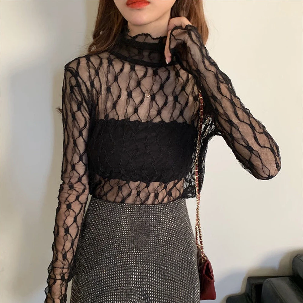 

Floral Lace Stretch T Shirt Petal Collar Long Sleeve Shirt Women S-2XL Tops Fashion Ladie Knitting T-Shirt Blouse Black White