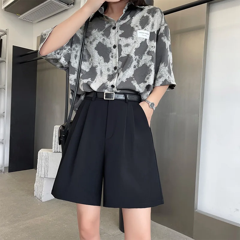 Black Suit Shorts Women High Waist Showing Thin Loose Wide Leg Pants 2023 Summer Thin Style Casual Straight Fifth Medium Pants