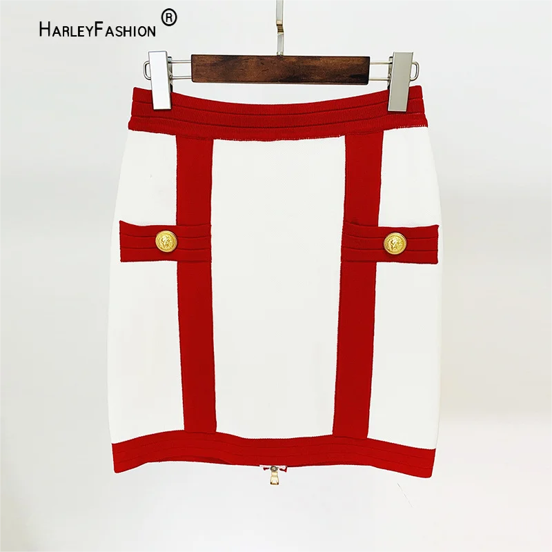 

Ladies High Quality Zipper Red White Color Patchwork Pencil Women Elastic Bodycon Autumn Winter Knit Skirt