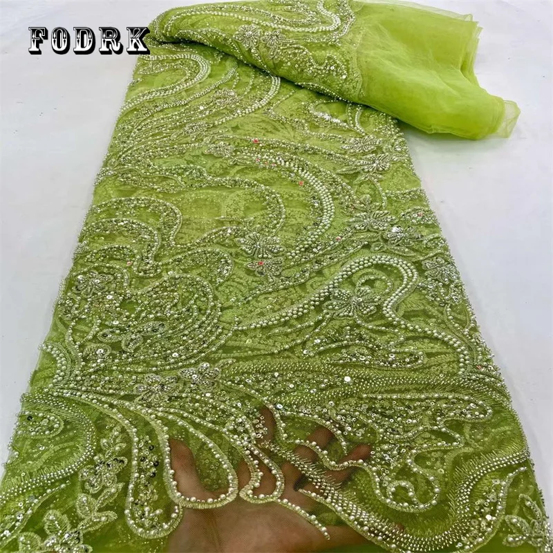 

Hing-End Luxury French Embroidery Bead Tube Lace Fabric African Nigerian With Sequins Fabric For Wedding Dress WS400
