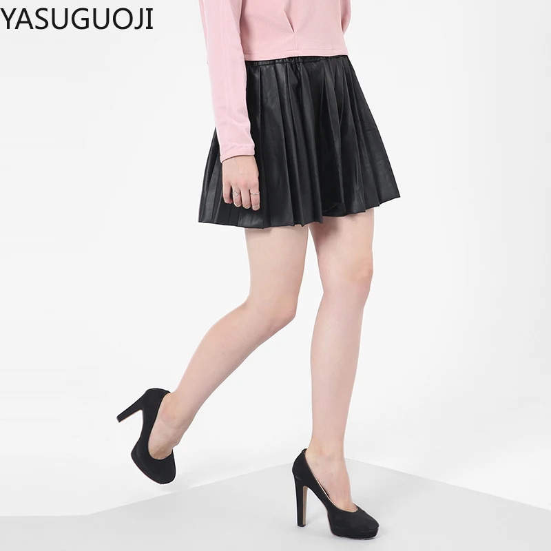 Модные черные женские юбки YASUGUOJI из искусственной кожи с мехом летняя эластичная