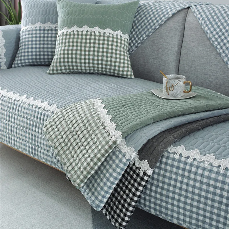 

Cotton Plaid Sofa Cover Stitching Lace Non-slip Nordic Four Seasons Armrest Backrest Towel Couch Covers for Sofa Recliner Cover