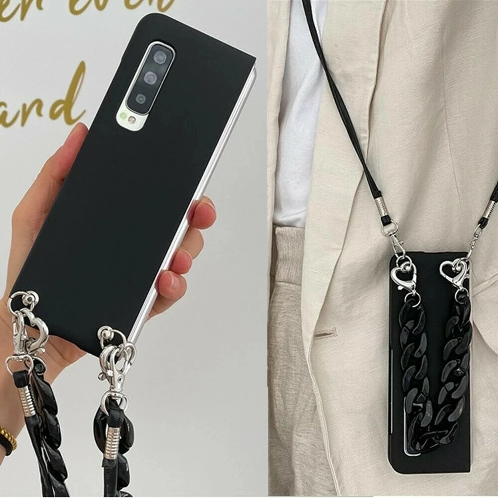 

For Samsung Galaxy Z Fold 5 4 3 2 5G Fashion Black Bracelet Portable Hand Chain Crossbody Long Strap Matte Skin Back Case Cover