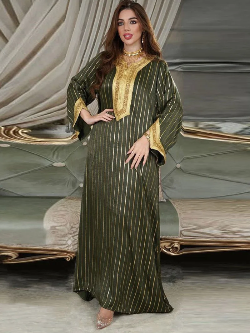 Golden Trim Abaya Arabian Evening Dress Women Gold Stamping Moroccan Muslim Party Kaftan Dubai Gulf Jalabiya Eid Ramadan Gowns