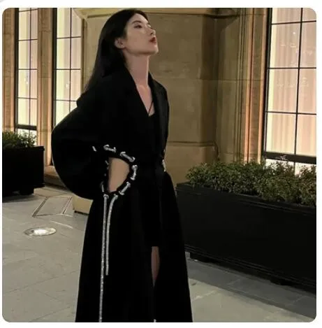 

Женское шерстяное пальто TNFS, асимметричное длинное пальто черного цвета в стиле ретро, 2022