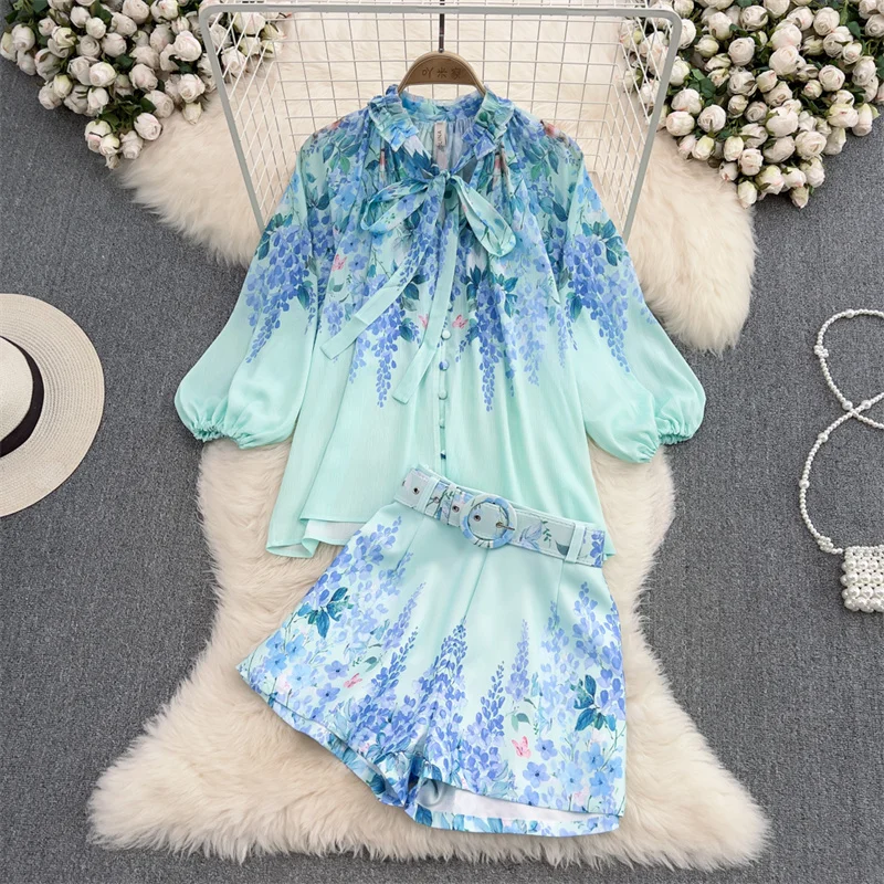

Summer Women Casual Print 2 Piece Set Round Neck Bow Lace Up Loose Lantern Sleeve Pullover Shirt Top Wide Leg Shorts Ladies Sets