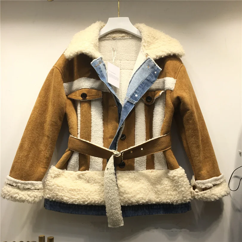 2023 Faux female fur coat new winter imitation lambswool flocking thick jacket fashion chic patchwork denim outwear streetwear