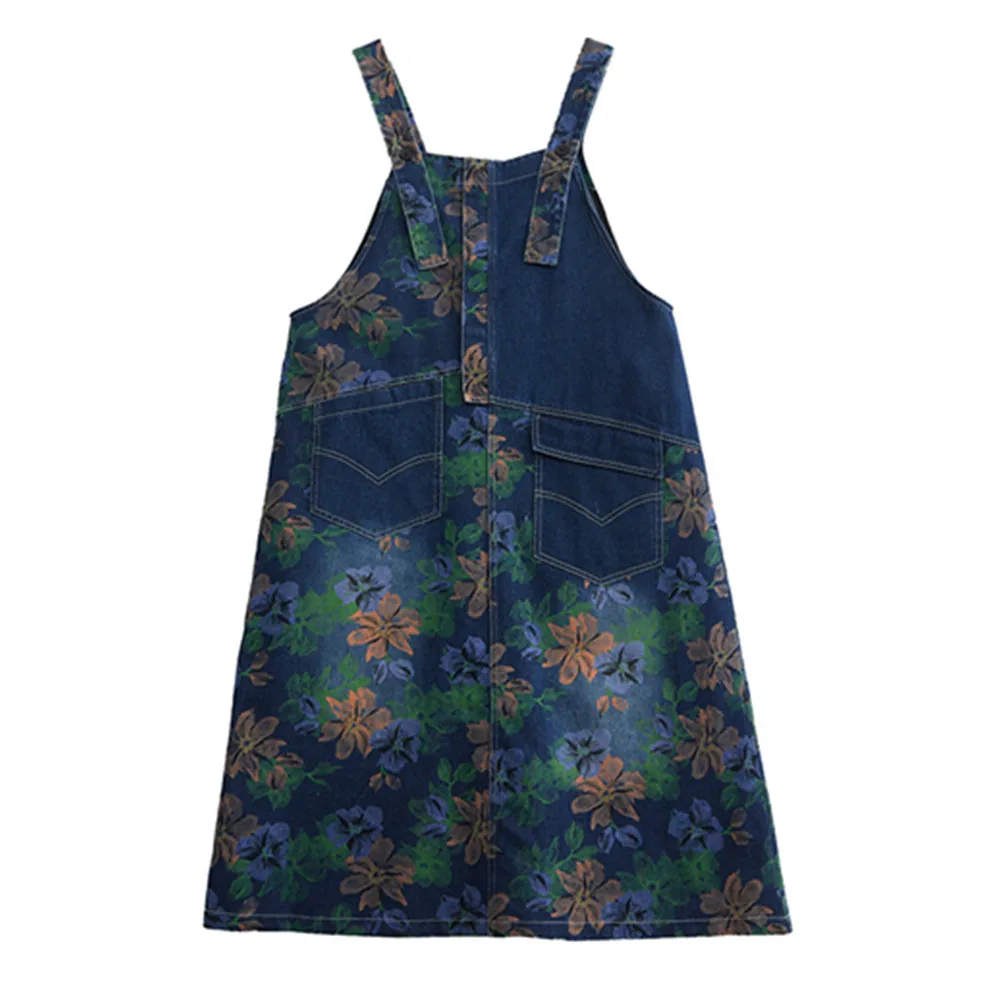 

Blue Floral Print Summer Dress Women 2023 Long Denim Dresses Korean Elegant Sleeveless Denim Maxi Long Overall Dresses Outfits