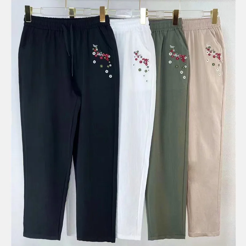 Spring Autumn Middle-Aged Elderly Mother Casual Pant Women's Cotton Linen Embroidered Nine-Point Straight Pants Pockets 2XL-5XL
