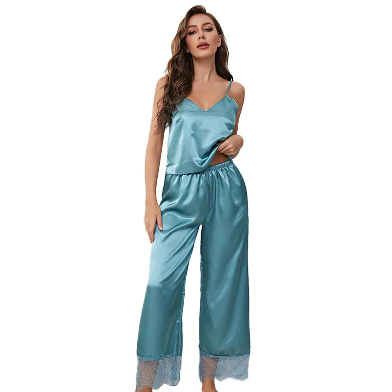 New Suspenders Wide Leg Pants Ice Silk Pajamas Women's Silk Suspenders Home Clothes 3002