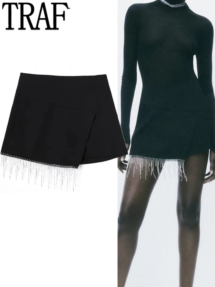 

TRAF Black Shorts Women Fringing Rhinestone Skirt Shorts Woman High Waist Bermuda Shorts Woman 2022 Streetwear Women's Skort
