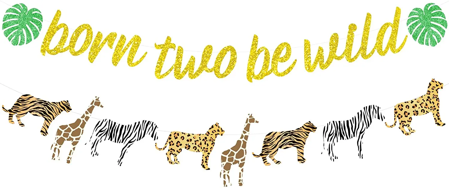 

SURSURPIRSE Born Two Be Wild Banner 2nd Birthday Party Decoration Gold Glitter Animal Garland Jungle Safari Theme Party Supplies