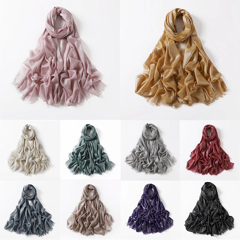 

Solid Color Muslim Shawl Scarves For Women Fringe Head Scarf Bandana Bright Silk Shining Scarf Golden Glitter Hijab Islam Turban