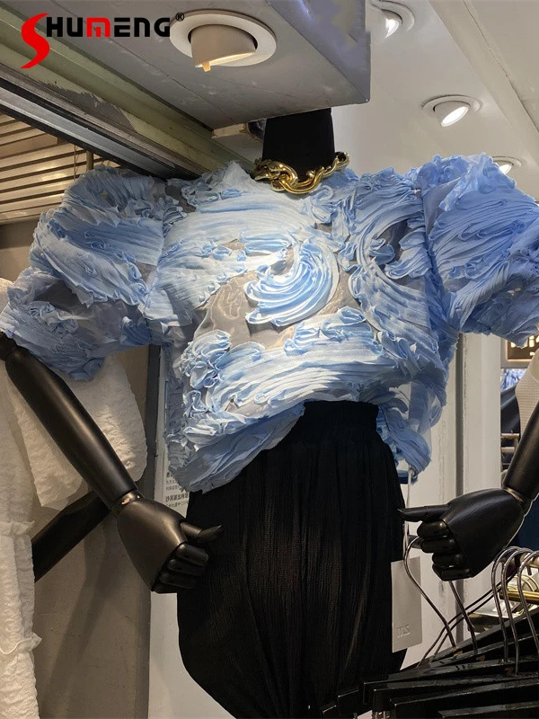 

western Super Fairy 3D ruffles Short round Neck Shirt women's 2022 Summer New fashion elegant Puff Sleeve pullover blouses Top