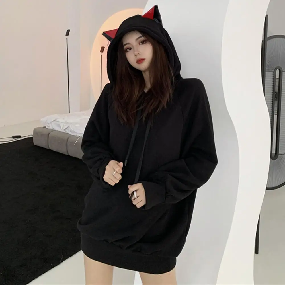 

Women Hoodie Cozy Cat Ear Hoodie Stylish Women's Autumn Winter Pullover with Elastic Cuffs Mid-length Warmth Long-sleeved Solid