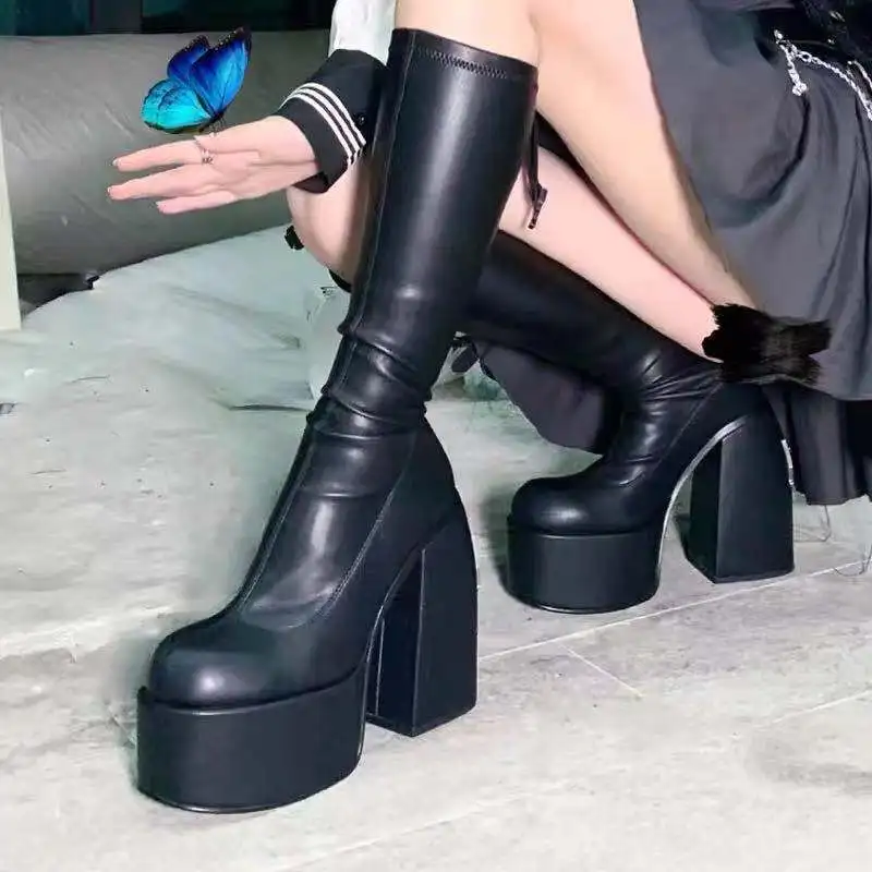 New Womens Chunky Ankle Boots Thick High Heels Platform Long Boot Black Woman Dress Party Mid-Calf Leather Boots Plus Size 43