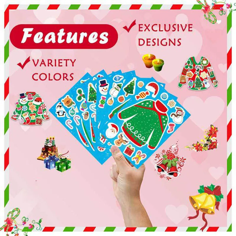 Фото Funrous Christmas Sweater DIY Stickers for Kids Make Your Own Ornaments Tree Xmas Sweater  Winter Party Supplies Crafts Decor №3
