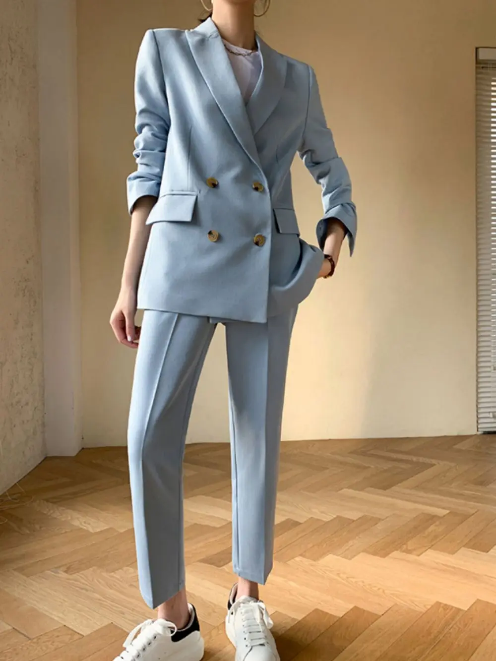 New Korean Fashion Women Blazer Pantsuit Casual Solid Elegant Blazer Jacket Straight Pants 2 Pieces Female Vintage Trousers Suit