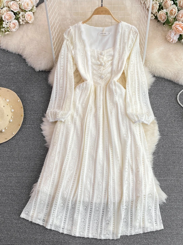 

Женское шифоновое платье Aibeautyer, винтажное однотонное платье трапециевидной формы с квадратным вырезом, на пуговицах, на весну-осень