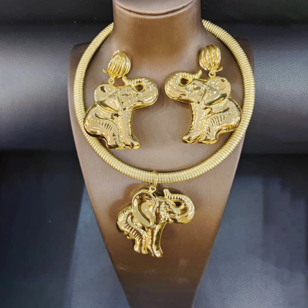

Elephant African Jewelry Women Necklace Earring Sets Classic Rings Fashion Gold Plated Bracelet Wedding Pendant Dubai Party Gift