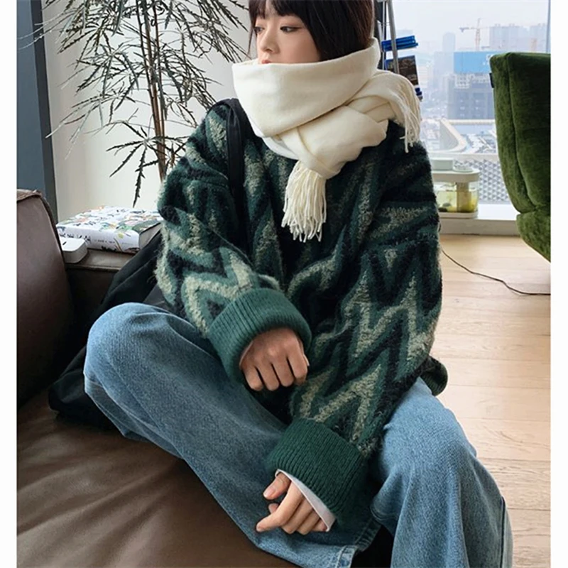 Mixed Dark Green Zigzag Striped Vintage Sweaters O-neck Loose Oversized Pullover Thicken Winter Clothes Korean Style Couples Top