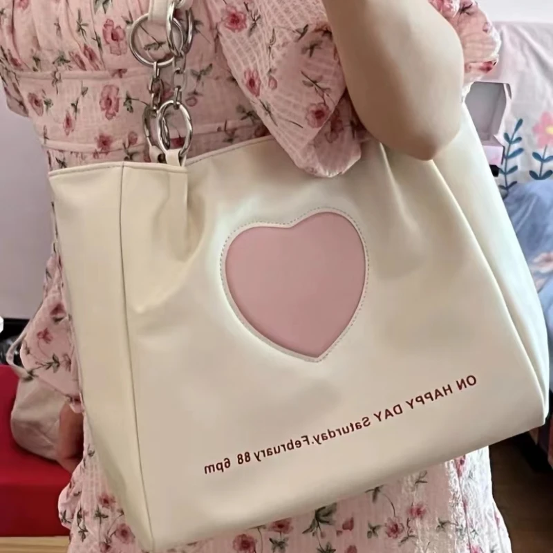Y2K Korean Lolita Elegant Tote Love Heart Ladies Sweet Shoulder Messenger Girls Student Underarm Travel Bag Pu Handbags Bags