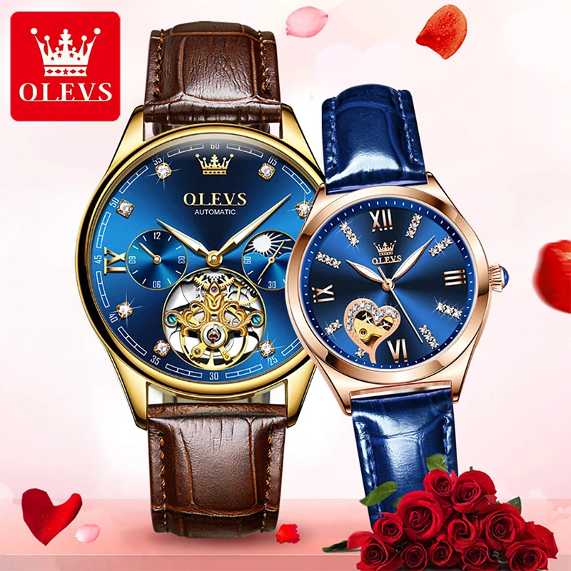 OLEVS 2022 New Couple Watches Luxury Diamond Mens Gold Plated Case Tourbillon Watch Trend Couple Watch Steampunk Reloj Hombre